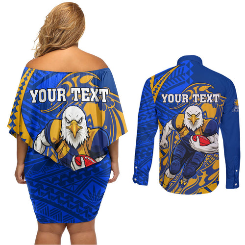 Personalized West Coast Eagles Couples Matching Off Shoulder Short Dress and Long Sleeve Button Shirt Polynesian Tribal Eagle Mascot With Hibiscus Floral Art
