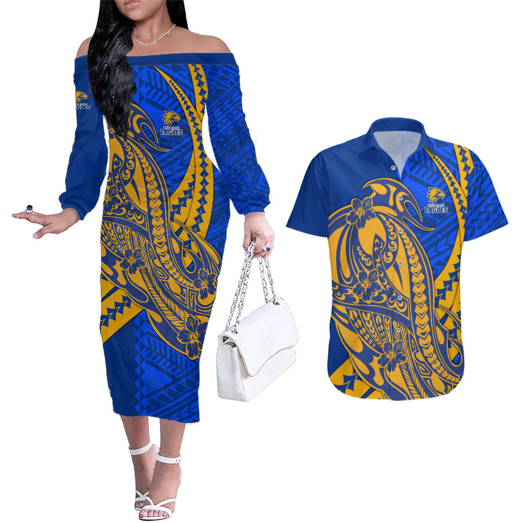 Personalized West Coast Eagles Couples Matching Off The Shoulder Long Sleeve Dress and Hawaiian Shirt Polynesian Tribal Eagle Mascot With Hibiscus Floral Art