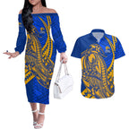 Personalized West Coast Eagles Couples Matching Off The Shoulder Long Sleeve Dress and Hawaiian Shirt Polynesian Tribal Eagle Mascot With Hibiscus Floral Art