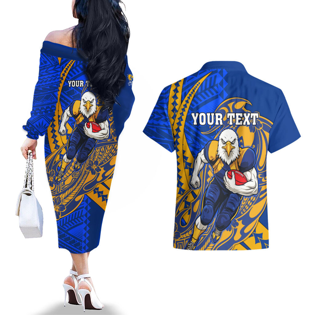 Personalized West Coast Eagles Couples Matching Off The Shoulder Long Sleeve Dress and Hawaiian Shirt Polynesian Tribal Eagle Mascot With Hibiscus Floral Art