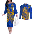 Personalized West Coast Eagles Couples Matching Off The Shoulder Long Sleeve Dress and Long Sleeve Button Shirt Polynesian Tribal Eagle Mascot With Hibiscus Floral Art