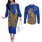 Personalized West Coast Eagles Couples Matching Off The Shoulder Long Sleeve Dress and Long Sleeve Button Shirt Polynesian Tribal Eagle Mascot With Hibiscus Floral Art