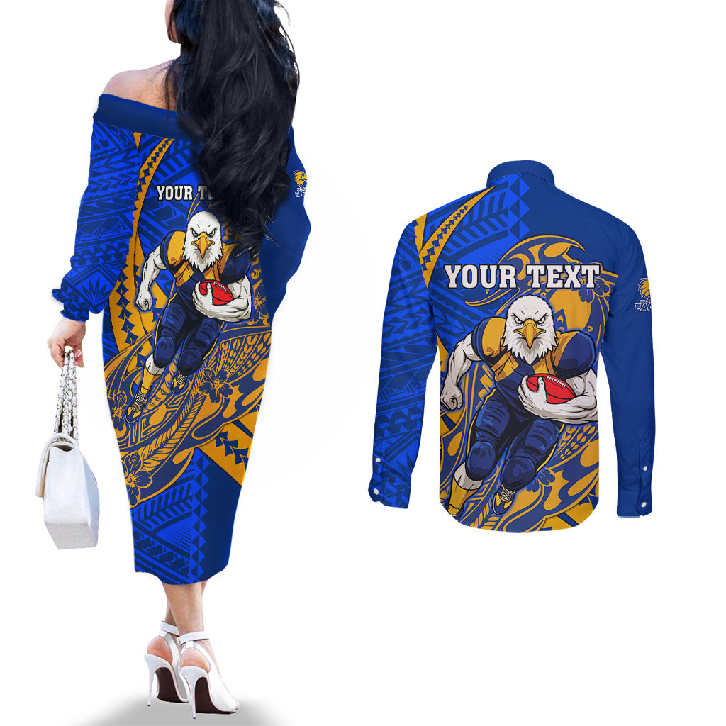 Personalized West Coast Eagles Couples Matching Off The Shoulder Long Sleeve Dress and Long Sleeve Button Shirt Polynesian Tribal Eagle Mascot With Hibiscus Floral Art