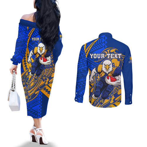 Personalized West Coast Eagles Couples Matching Off The Shoulder Long Sleeve Dress and Long Sleeve Button Shirt Polynesian Tribal Eagle Mascot With Hibiscus Floral Art