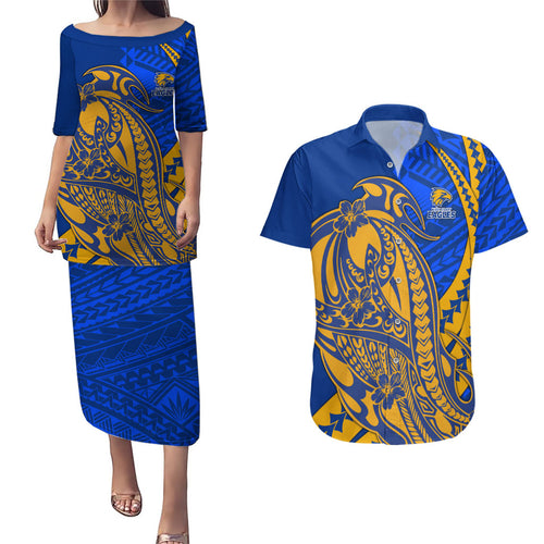 Personalized West Coast Eagles Couples Matching Puletasi and Hawaiian Shirt Polynesian Tribal Eagle Mascot With Hibiscus Floral Art
