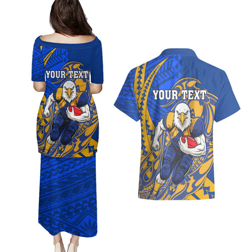 Personalized West Coast Eagles Couples Matching Puletasi and Hawaiian Shirt Polynesian Tribal Eagle Mascot With Hibiscus Floral Art