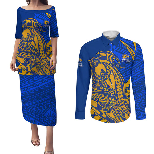 Personalized West Coast Eagles Couples Matching Puletasi and Long Sleeve Button Shirt Polynesian Tribal Eagle Mascot With Hibiscus Floral Art