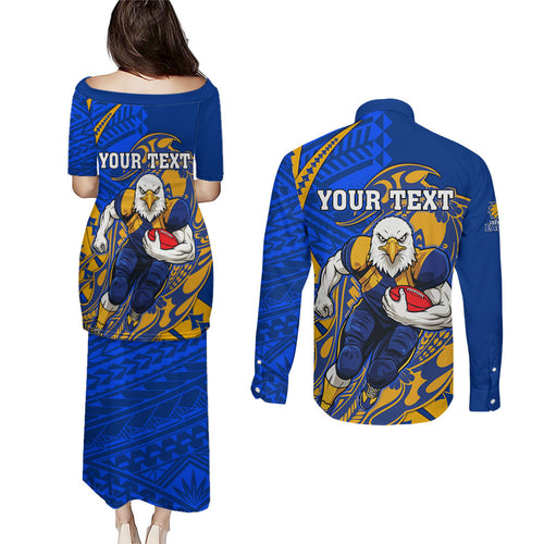 Personalized West Coast Eagles Couples Matching Puletasi and Long Sleeve Button Shirt Polynesian Tribal Eagle Mascot With Hibiscus Floral Art