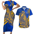 Personalized West Coast Eagles Couples Matching Short Sleeve Bodycon Dress and Hawaiian Shirt Polynesian Tribal Eagle Mascot With Hibiscus Floral Art