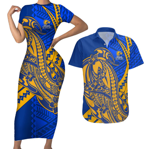 Personalized West Coast Eagles Couples Matching Short Sleeve Bodycon Dress and Hawaiian Shirt Polynesian Tribal Eagle Mascot With Hibiscus Floral Art