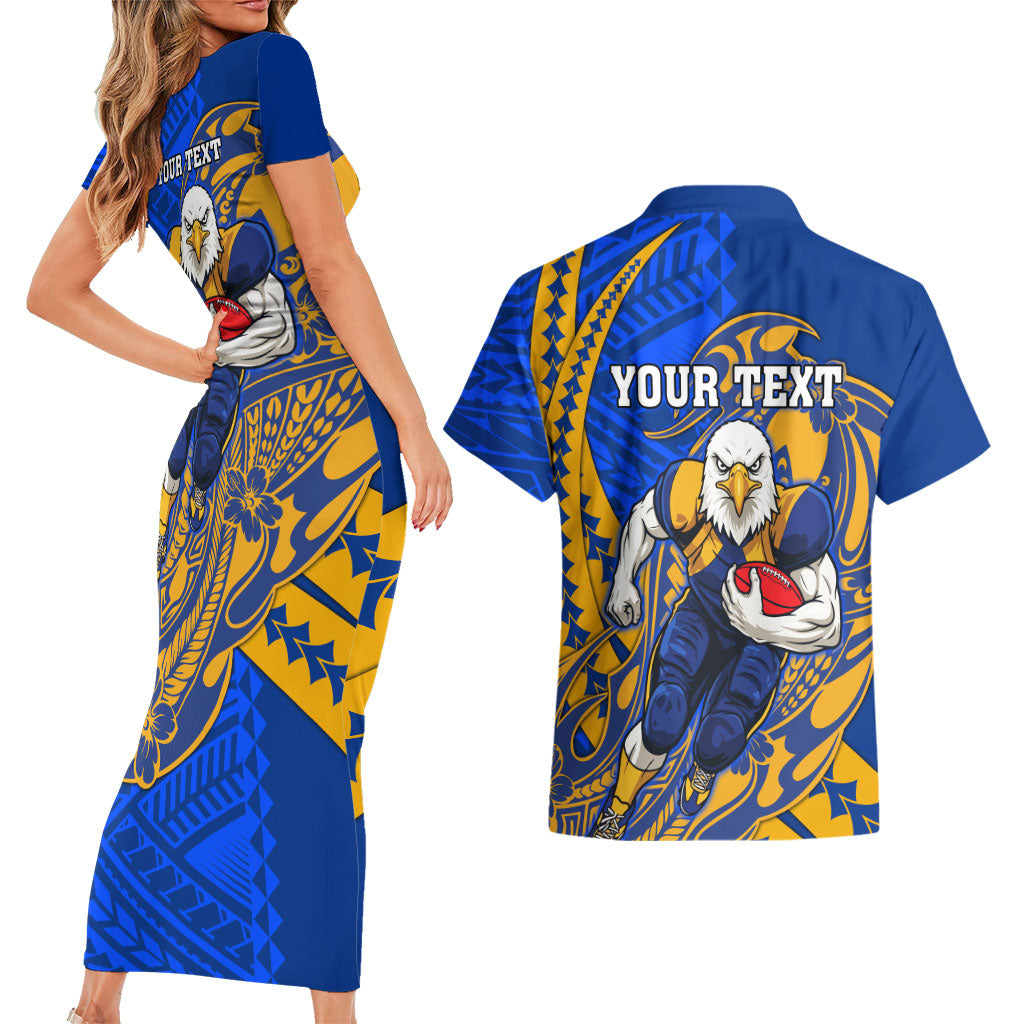 Personalized West Coast Eagles Couples Matching Short Sleeve Bodycon Dress and Hawaiian Shirt Polynesian Tribal Eagle Mascot With Hibiscus Floral Art