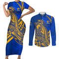Personalized West Coast Eagles Couples Matching Short Sleeve Bodycon Dress and Long Sleeve Button Shirt Polynesian Tribal Eagle Mascot With Hibiscus Floral Art