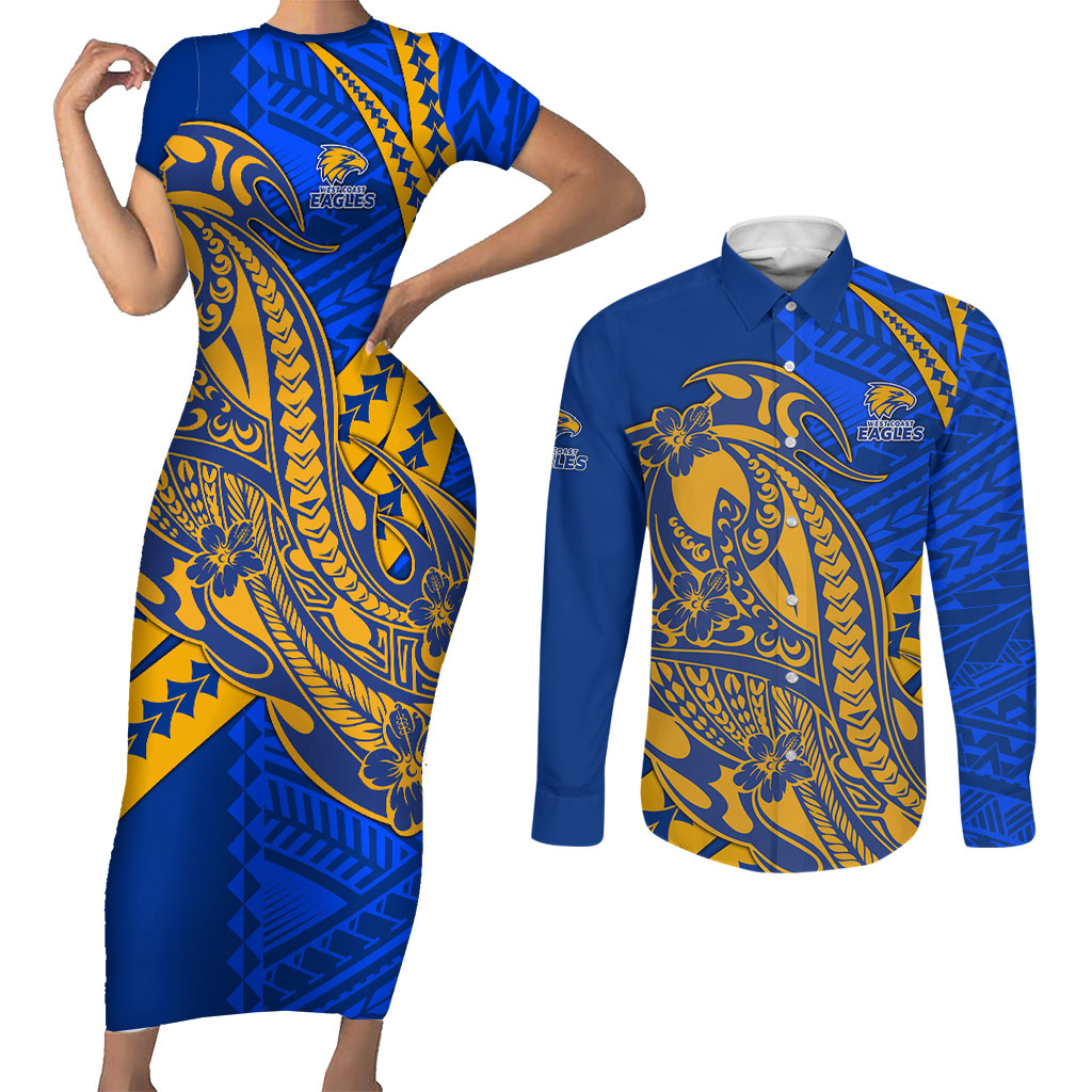 Personalized West Coast Eagles Couples Matching Short Sleeve Bodycon Dress and Long Sleeve Button Shirt Polynesian Tribal Eagle Mascot With Hibiscus Floral Art