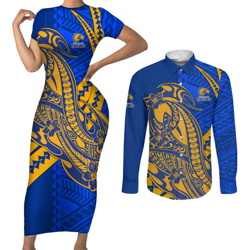 Personalized West Coast Eagles Couples Matching Short Sleeve Bodycon Dress and Long Sleeve Button Shirt Polynesian Tribal Eagle Mascot With Hibiscus Floral Art