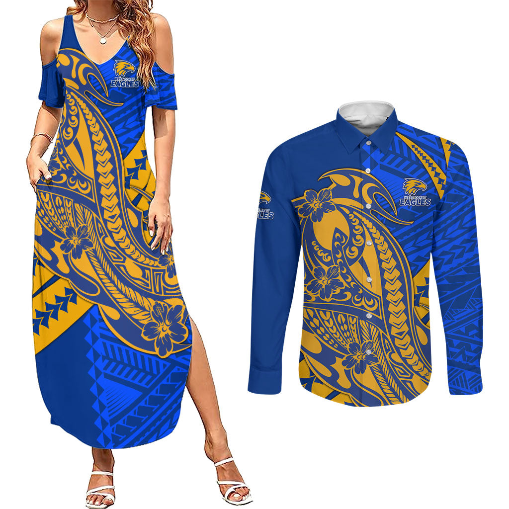 Personalized West Coast Eagles Couples Matching Summer Maxi Dress and Long Sleeve Button Shirt Polynesian Tribal Eagle Mascot With Hibiscus Floral Art