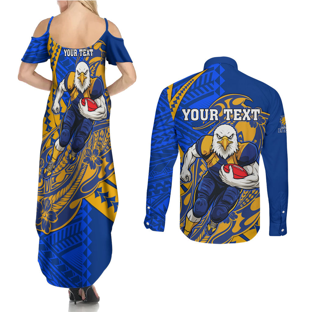 Personalized West Coast Eagles Couples Matching Summer Maxi Dress and Long Sleeve Button Shirt Polynesian Tribal Eagle Mascot With Hibiscus Floral Art