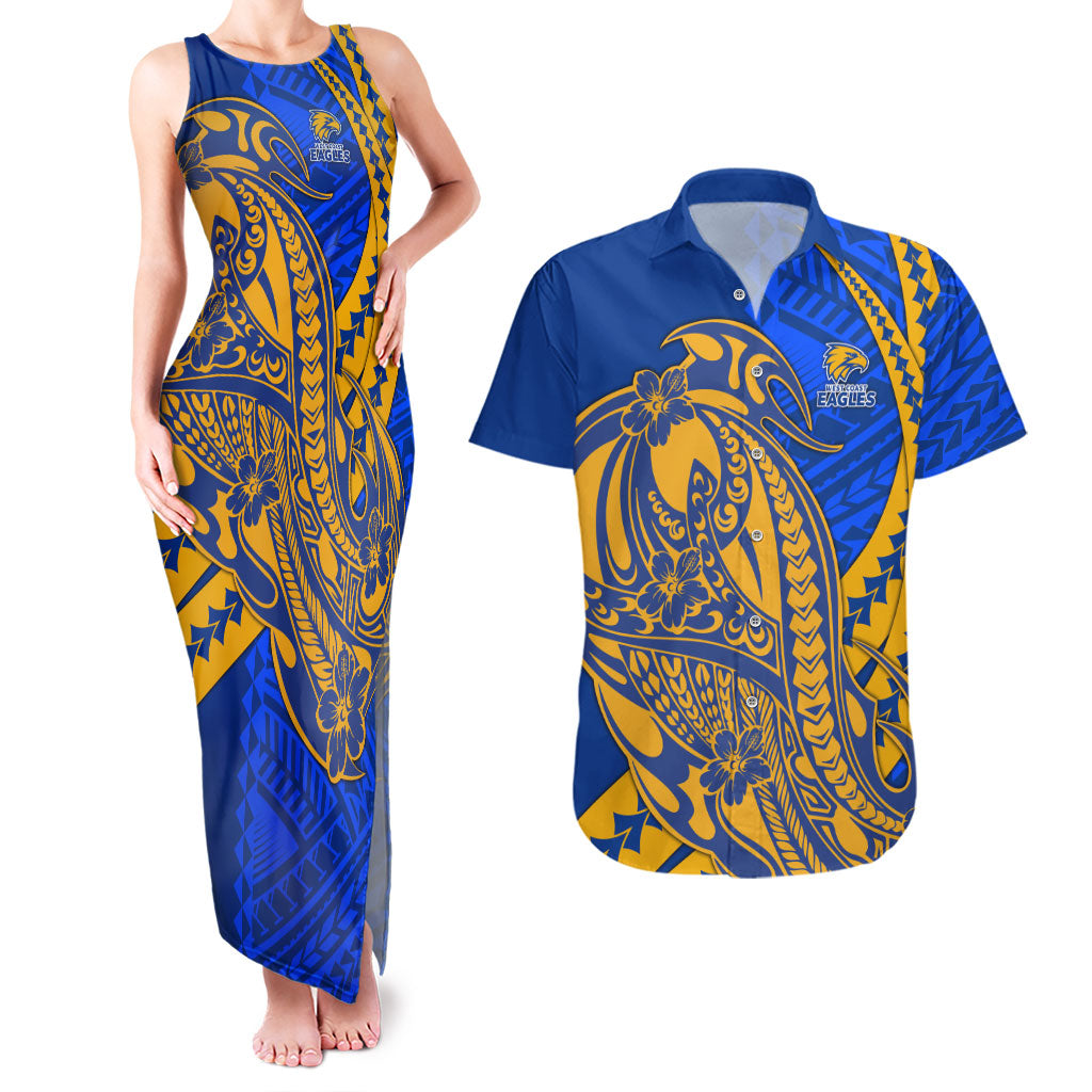 Personalized West Coast Eagles Couples Matching Tank Maxi Dress and Hawaiian Shirt Polynesian Tribal Eagle Mascot With Hibiscus Floral Art