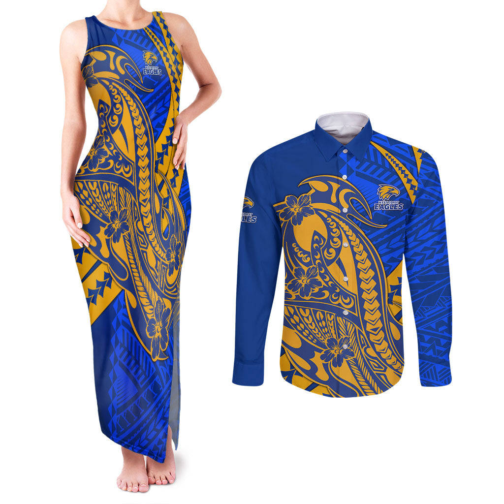 Personalized West Coast Eagles Couples Matching Tank Maxi Dress and Long Sleeve Button Shirt Polynesian Tribal Eagle Mascot With Hibiscus Floral Art