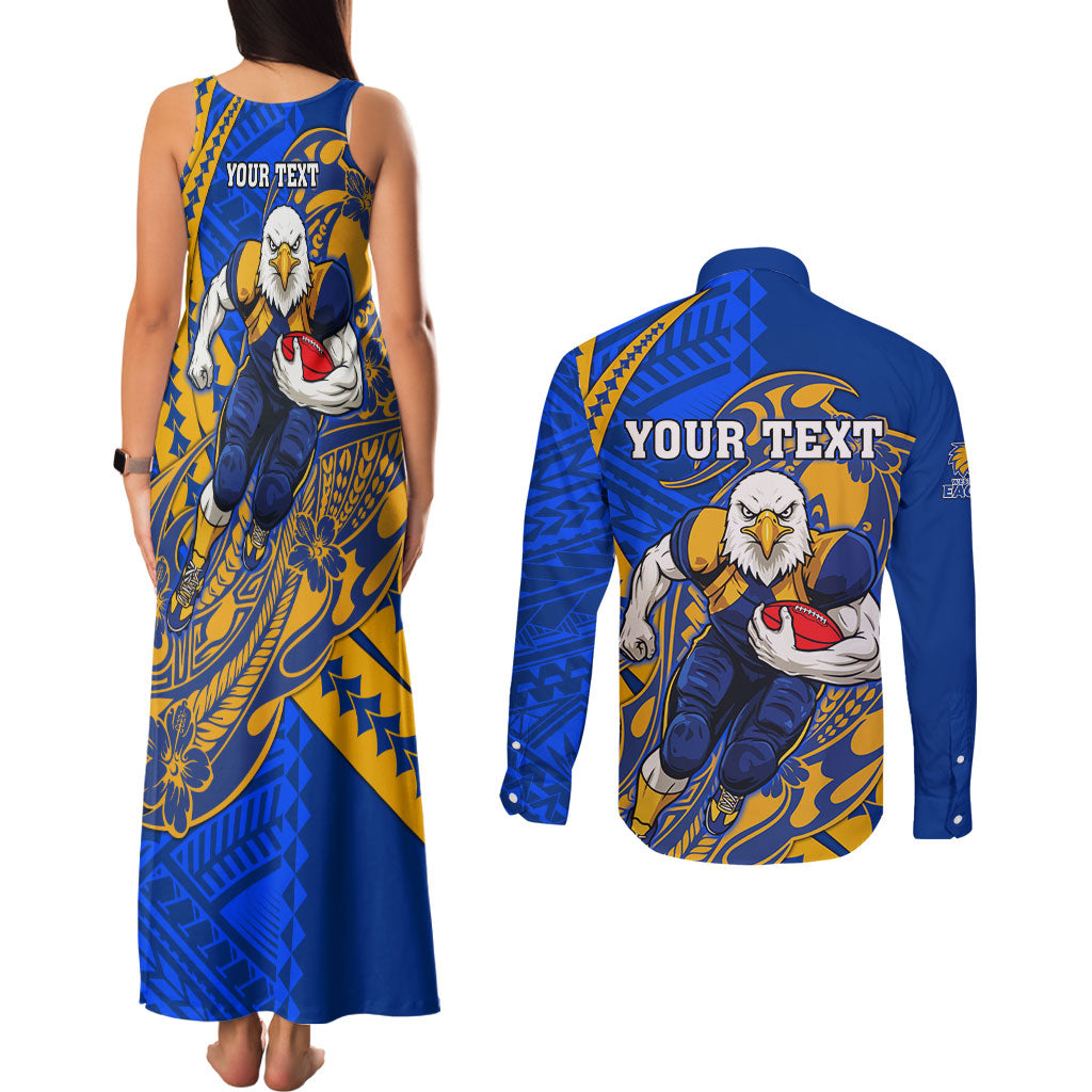 Personalized West Coast Eagles Couples Matching Tank Maxi Dress and Long Sleeve Button Shirt Polynesian Tribal Eagle Mascot With Hibiscus Floral Art