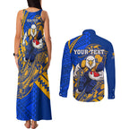 Personalized West Coast Eagles Couples Matching Tank Maxi Dress and Long Sleeve Button Shirt Polynesian Tribal Eagle Mascot With Hibiscus Floral Art
