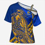 Personalized West Coast Eagles Cross Shoulder Shirt Polynesian Tribal Eagle Mascot With Hibiscus Floral Art