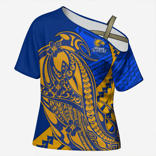 Personalized West Coast Eagles Cross Shoulder Shirt Polynesian Tribal Eagle Mascot With Hibiscus Floral Art