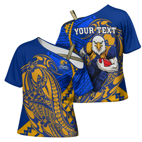 Personalized West Coast Eagles Cross Shoulder Shirt Polynesian Tribal Eagle Mascot With Hibiscus Floral Art