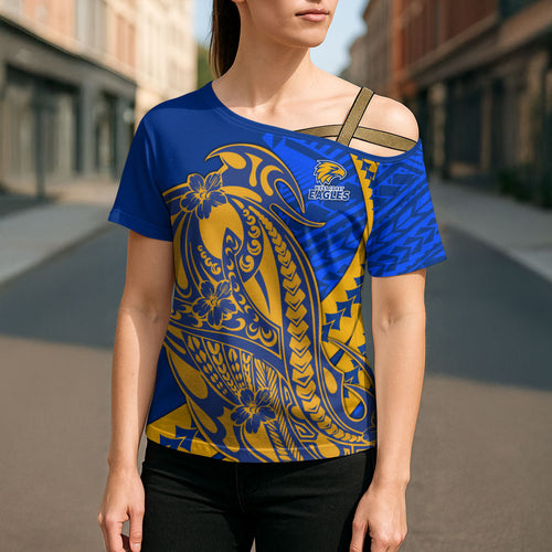 Personalized West Coast Eagles Cross Shoulder Shirt Polynesian Tribal Eagle Mascot With Hibiscus Floral Art