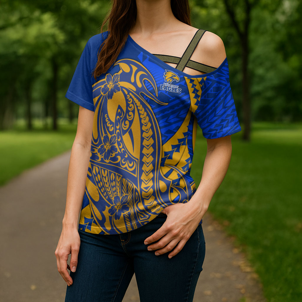 Personalized West Coast Eagles Cross Shoulder Shirt Polynesian Tribal Eagle Mascot With Hibiscus Floral Art