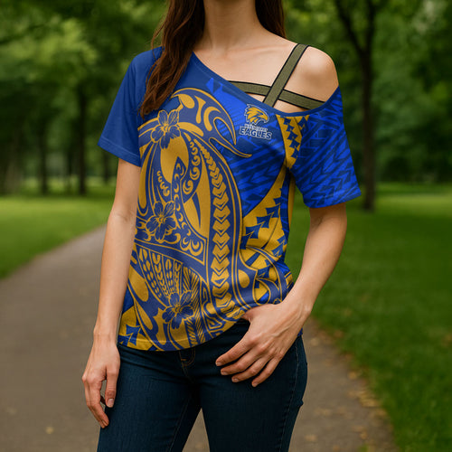 Personalized West Coast Eagles Cross Shoulder Shirt Polynesian Tribal Eagle Mascot With Hibiscus Floral Art