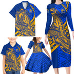 Personalized West Coast Eagles Family Matching Long Sleeve Bodycon Dress and Hawaiian Shirt Polynesian Tribal Eagle Mascot With Hibiscus Floral Art