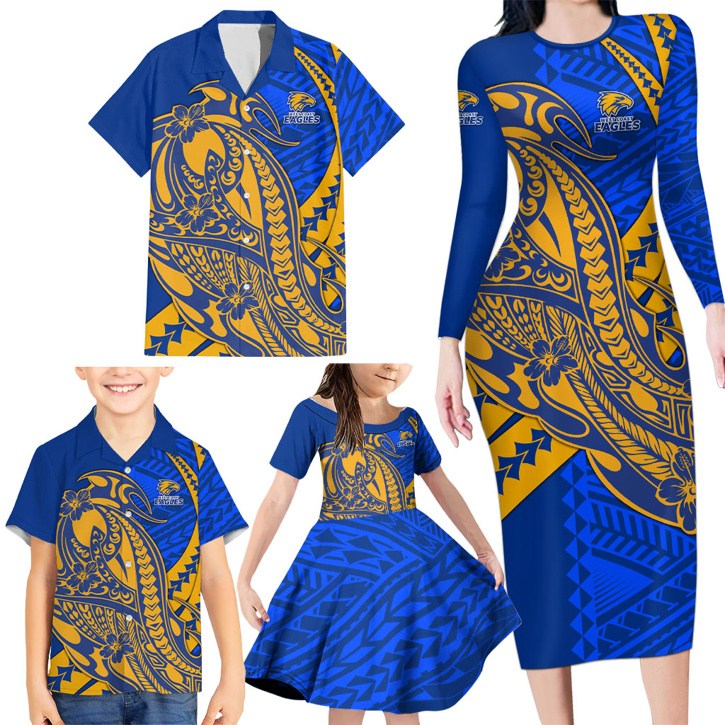 Personalized West Coast Eagles Family Matching Long Sleeve Bodycon Dress and Hawaiian Shirt Polynesian Tribal Eagle Mascot With Hibiscus Floral Art