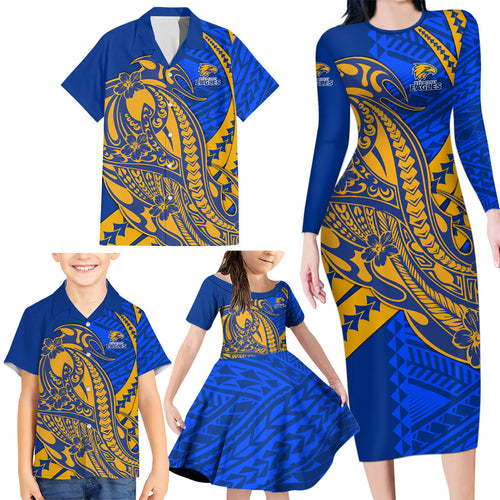 Personalized West Coast Eagles Family Matching Long Sleeve Bodycon Dress and Hawaiian Shirt Polynesian Tribal Eagle Mascot With Hibiscus Floral Art