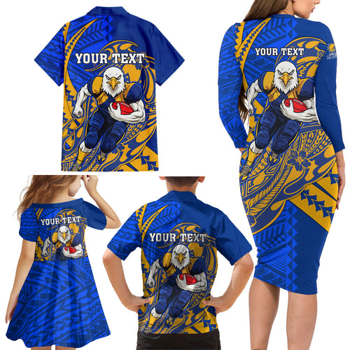 Personalized West Coast Eagles Family Matching Long Sleeve Bodycon Dress and Hawaiian Shirt Polynesian Tribal Eagle Mascot With Hibiscus Floral Art