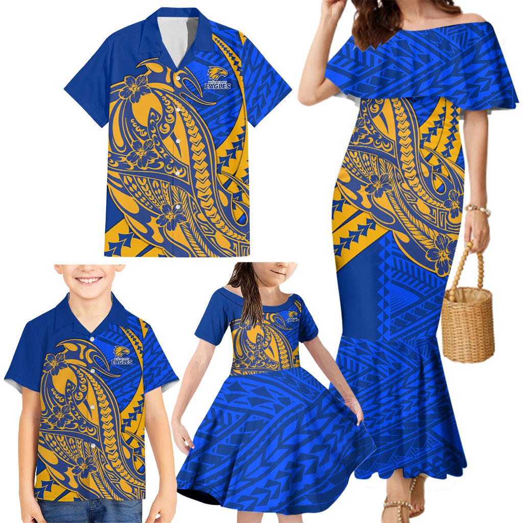 Personalized West Coast Eagles Family Matching Mermaid Dress and Hawaiian Shirt Polynesian Tribal Eagle Mascot With Hibiscus Floral Art
