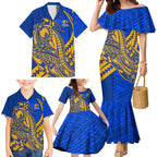 Personalized West Coast Eagles Family Matching Mermaid Dress and Hawaiian Shirt Polynesian Tribal Eagle Mascot With Hibiscus Floral Art