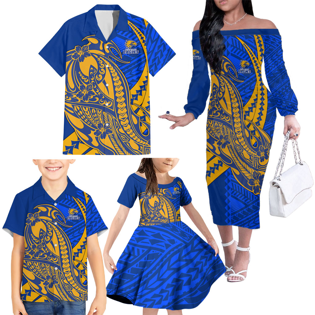 Personalized West Coast Eagles Family Matching Off The Shoulder Long Sleeve Dress and Hawaiian Shirt Polynesian Tribal Eagle Mascot With Hibiscus Floral Art