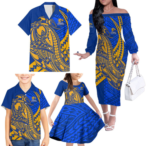 Personalized West Coast Eagles Family Matching Off The Shoulder Long Sleeve Dress and Hawaiian Shirt Polynesian Tribal Eagle Mascot With Hibiscus Floral Art
