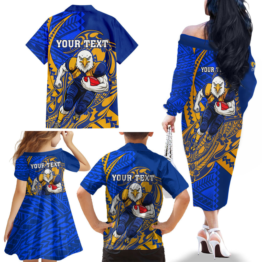 Personalized West Coast Eagles Family Matching Off The Shoulder Long Sleeve Dress and Hawaiian Shirt Polynesian Tribal Eagle Mascot With Hibiscus Floral Art