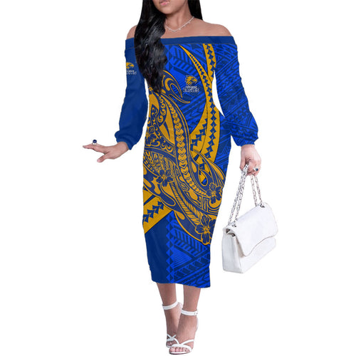 Personalized West Coast Eagles Family Matching Off The Shoulder Long Sleeve Dress and Hawaiian Shirt Polynesian Tribal Eagle Mascot With Hibiscus Floral Art