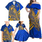 Personalized West Coast Eagles Family Matching Off Shoulder Maxi Dress and Hawaiian Shirt Polynesian Tribal Eagle Mascot With Hibiscus Floral Art