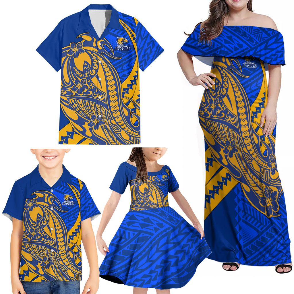 Personalized West Coast Eagles Family Matching Off Shoulder Maxi Dress and Hawaiian Shirt Polynesian Tribal Eagle Mascot With Hibiscus Floral Art