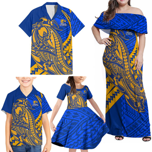 Personalized West Coast Eagles Family Matching Off Shoulder Maxi Dress and Hawaiian Shirt Polynesian Tribal Eagle Mascot With Hibiscus Floral Art