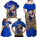 Personalized West Coast Eagles Family Matching Off Shoulder Maxi Dress and Hawaiian Shirt Polynesian Tribal Eagle Mascot With Hibiscus Floral Art