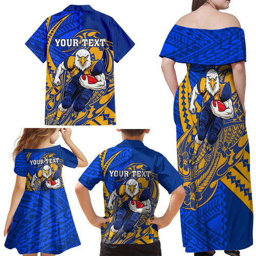 Personalized West Coast Eagles Family Matching Off Shoulder Maxi Dress and Hawaiian Shirt Polynesian Tribal Eagle Mascot With Hibiscus Floral Art