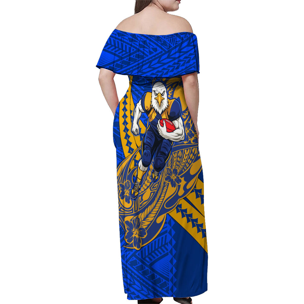 Personalized West Coast Eagles Family Matching Off Shoulder Maxi Dress and Hawaiian Shirt Polynesian Tribal Eagle Mascot With Hibiscus Floral Art