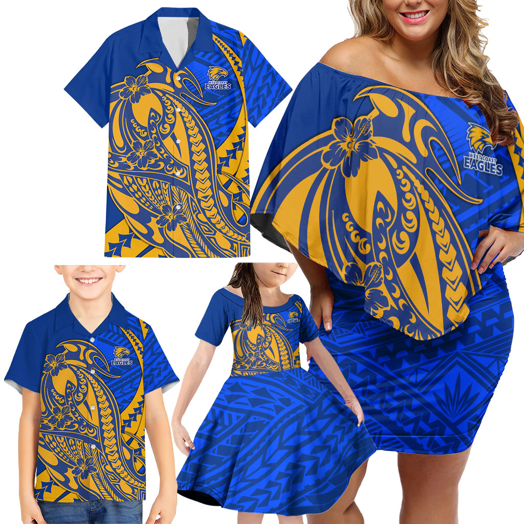 Personalized West Coast Eagles Family Matching Off Shoulder Short Dress and Hawaiian Shirt Polynesian Tribal Eagle Mascot With Hibiscus Floral Art