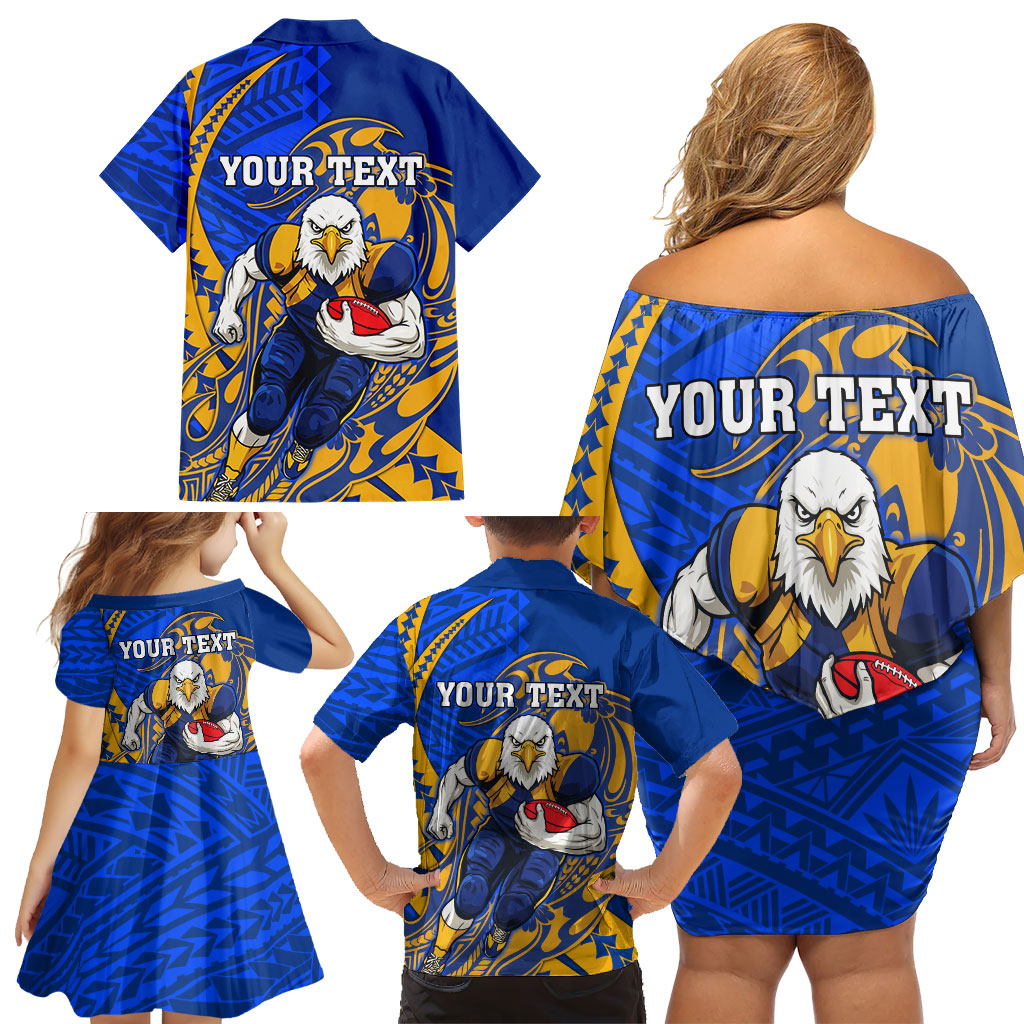 Personalized West Coast Eagles Family Matching Off Shoulder Short Dress and Hawaiian Shirt Polynesian Tribal Eagle Mascot With Hibiscus Floral Art