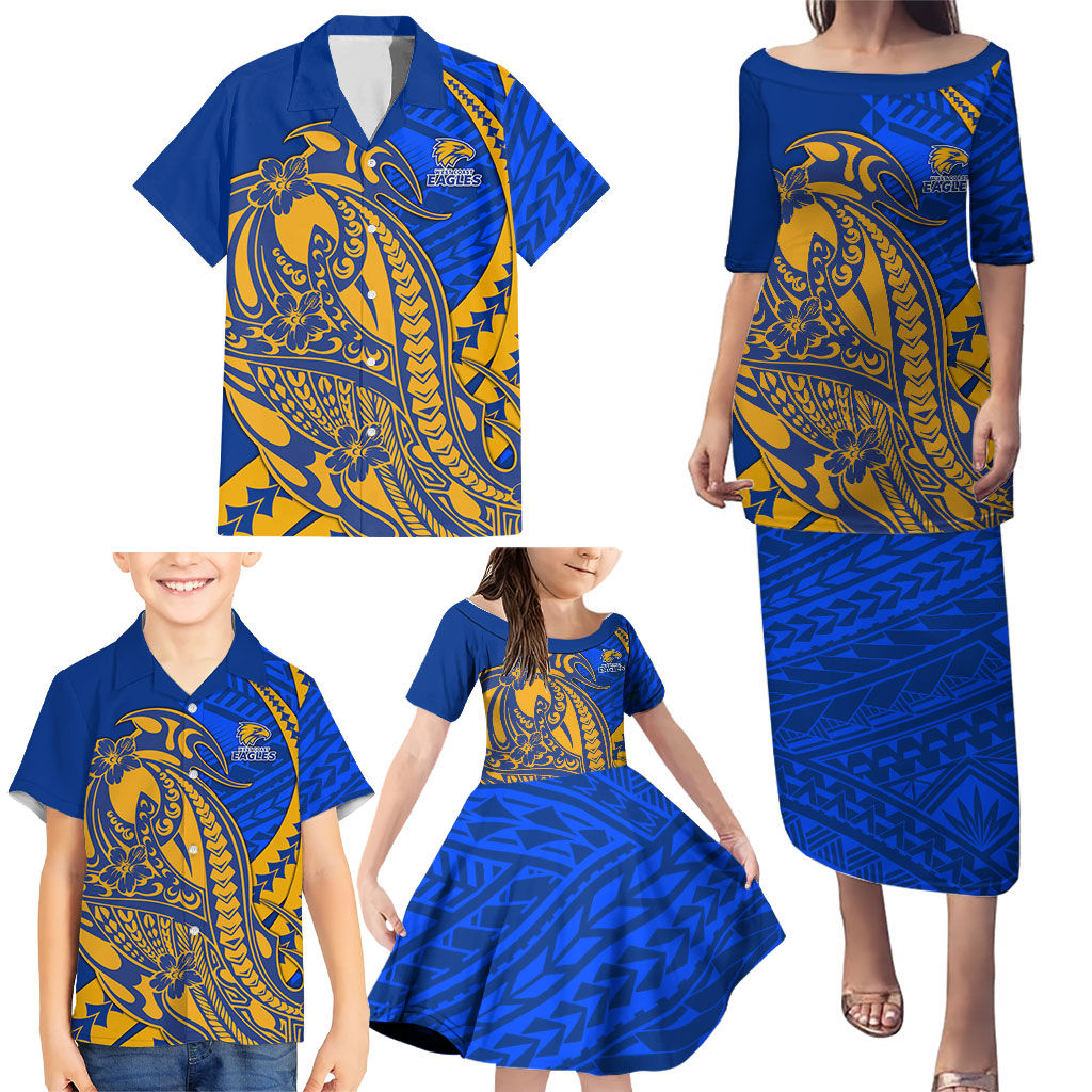 Personalized West Coast Eagles Family Matching Puletasi and Hawaiian Shirt Polynesian Tribal Eagle Mascot With Hibiscus Floral Art