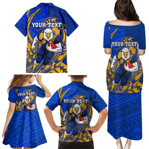 Personalized West Coast Eagles Family Matching Puletasi and Hawaiian Shirt Polynesian Tribal Eagle Mascot With Hibiscus Floral Art